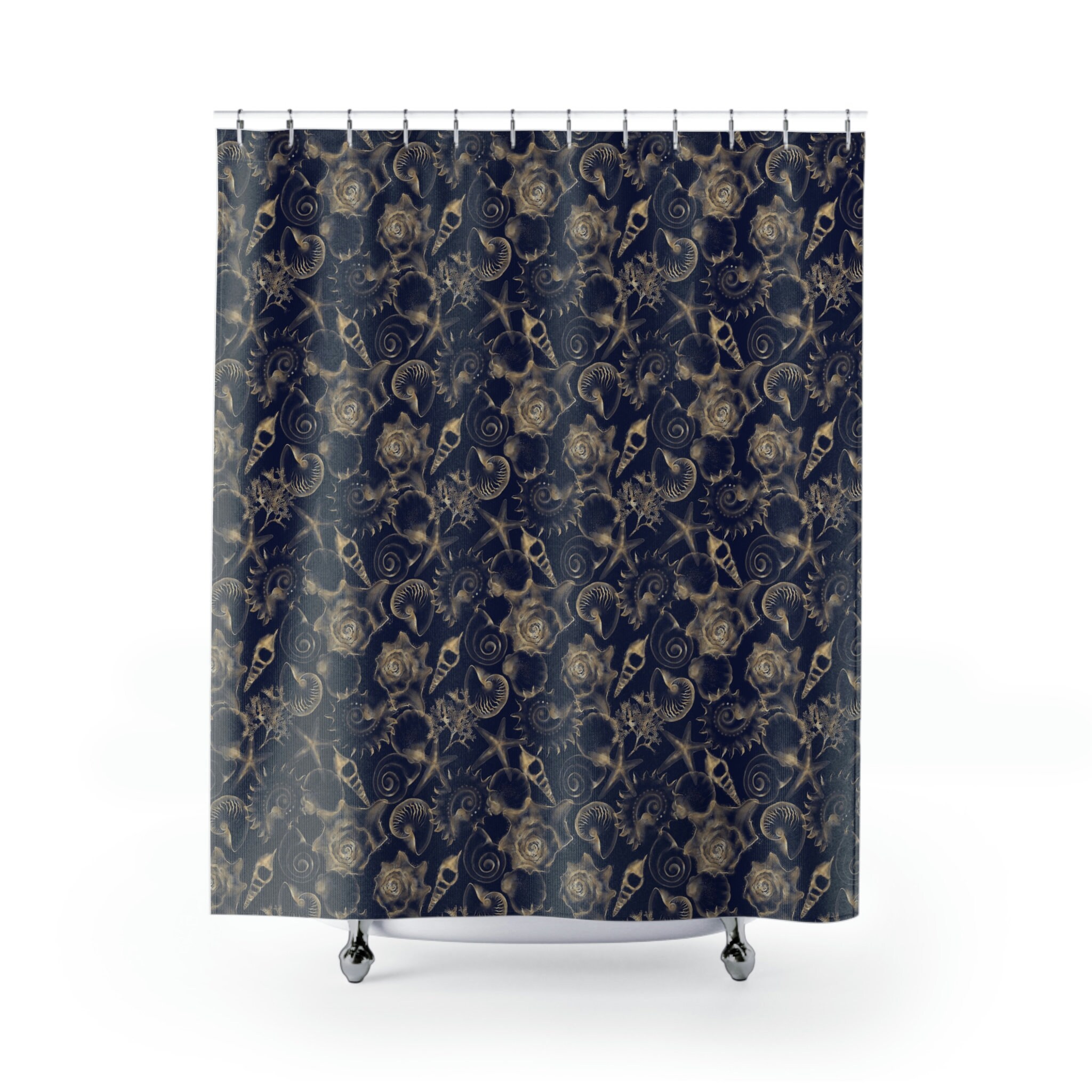 Black and Gold Sea Shell Print Shower Curtain Waterproof Fabric for a Sophisticated Bathroom Decor