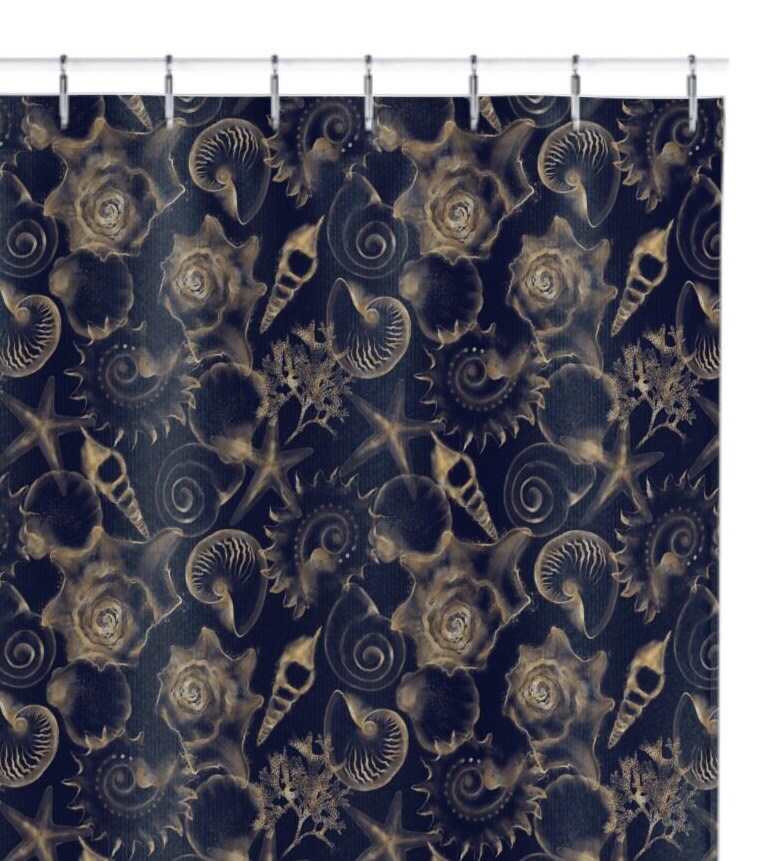 Black and Gold Sea Shell Print Shower Curtain Waterproof Fabric for a Sophisticated Bathroom Decor