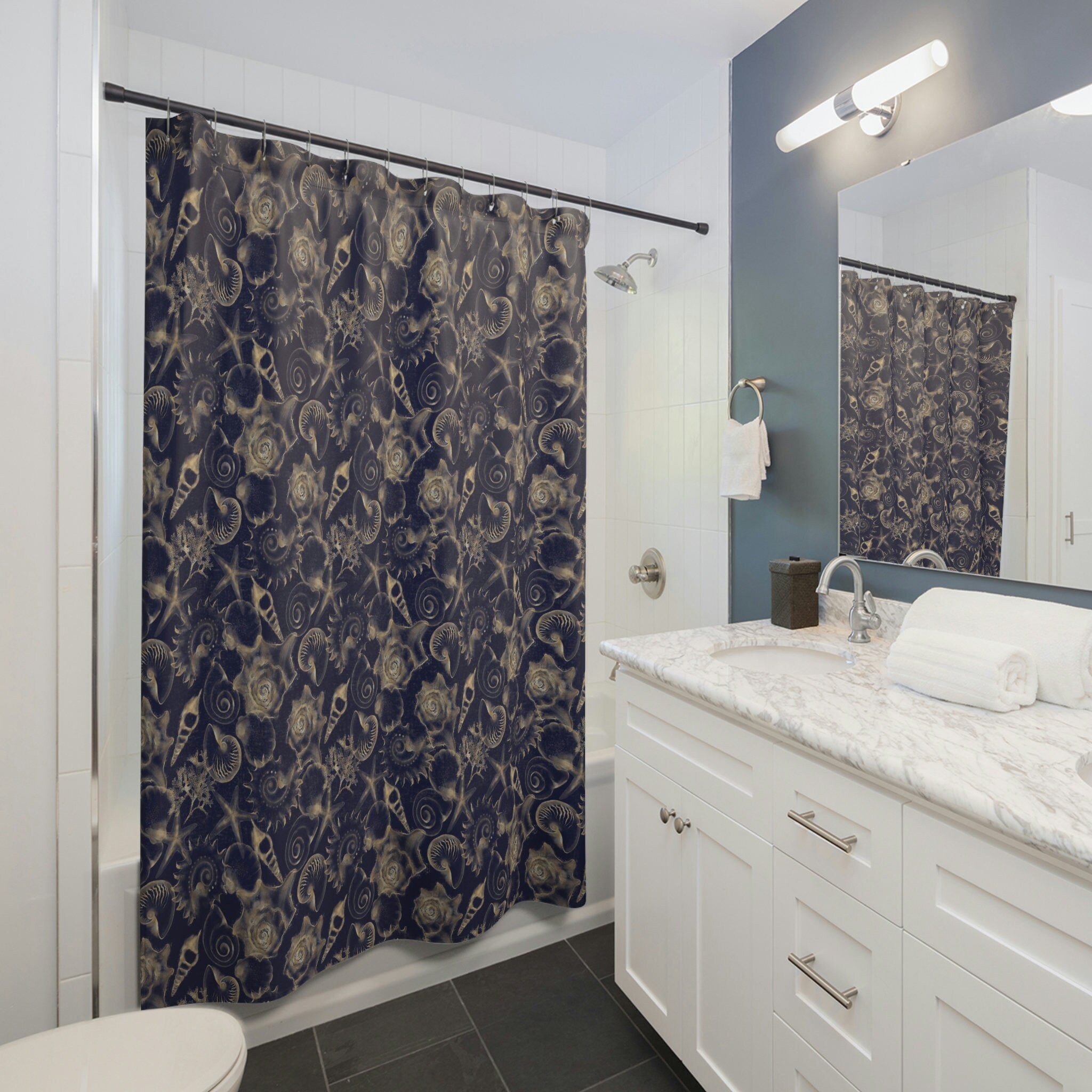 Black and Gold Sea Shell Print Shower Curtain Waterproof Fabric for a Sophisticated Bathroom Decor