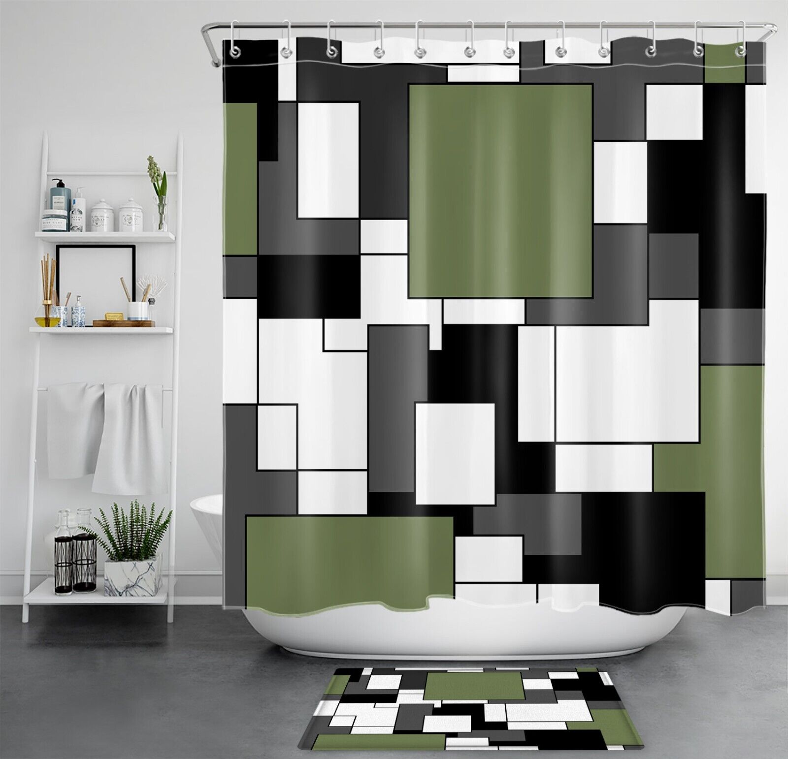 Black and Green Geometric Pattern Abstract Shower Curtain, Perfect for a Modern Bathroom Decor