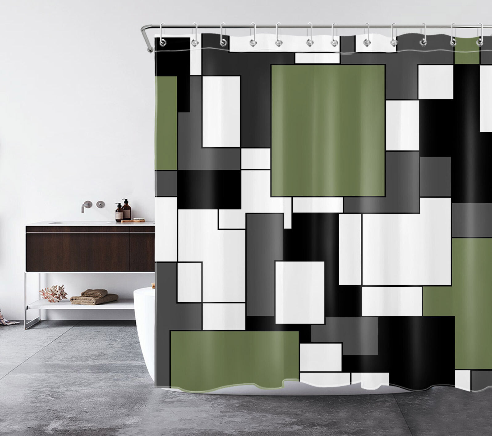 Black and Green Geometric Pattern Abstract Shower Curtain, Perfect for a Modern Bathroom Decor