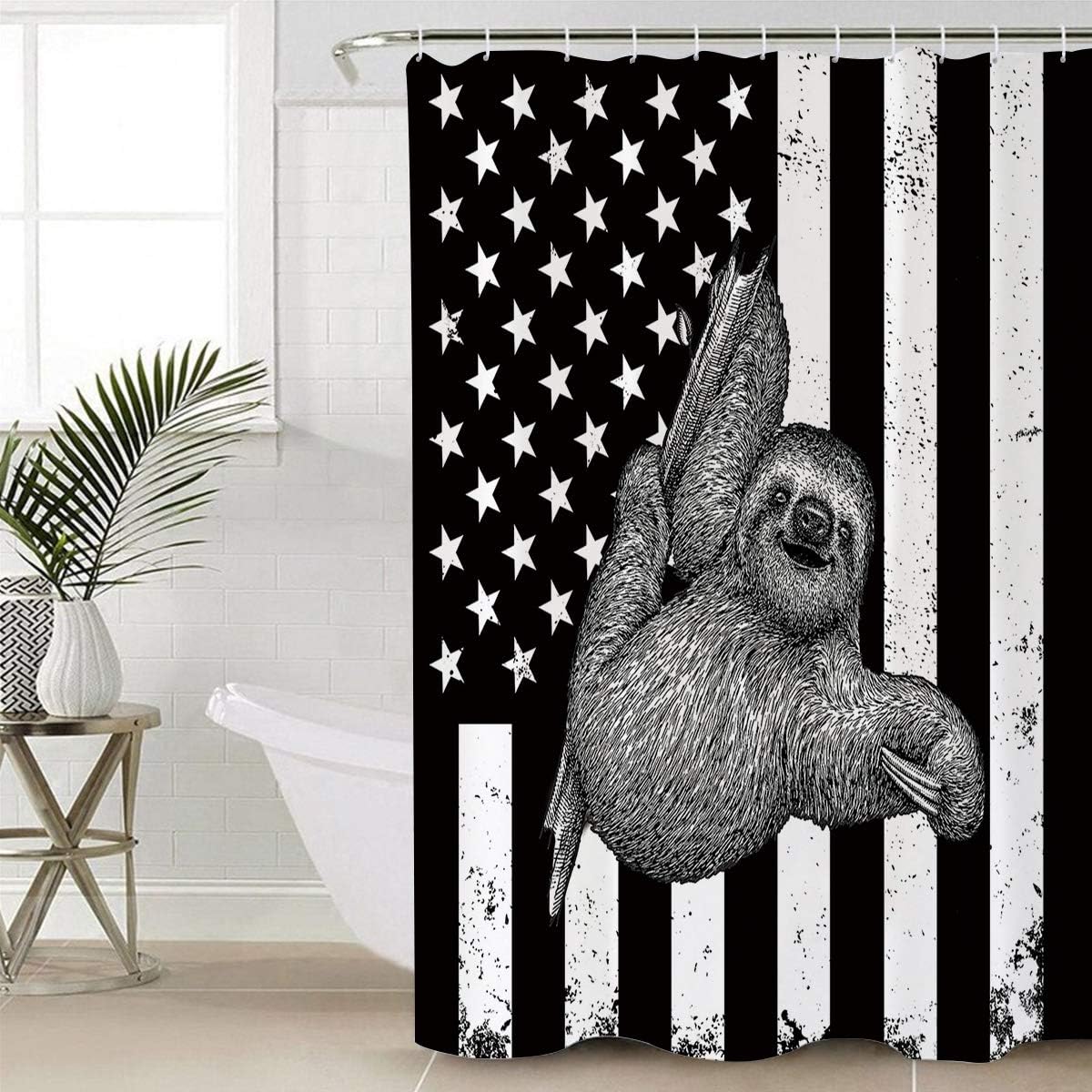 Black and White American Flag Sloth Shower Curtain for Patriotic Bathroom Decor