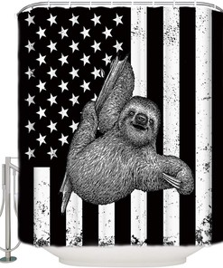 Black and White American Flag Sloth Shower Curtain for Patriotic Bathroom Decor