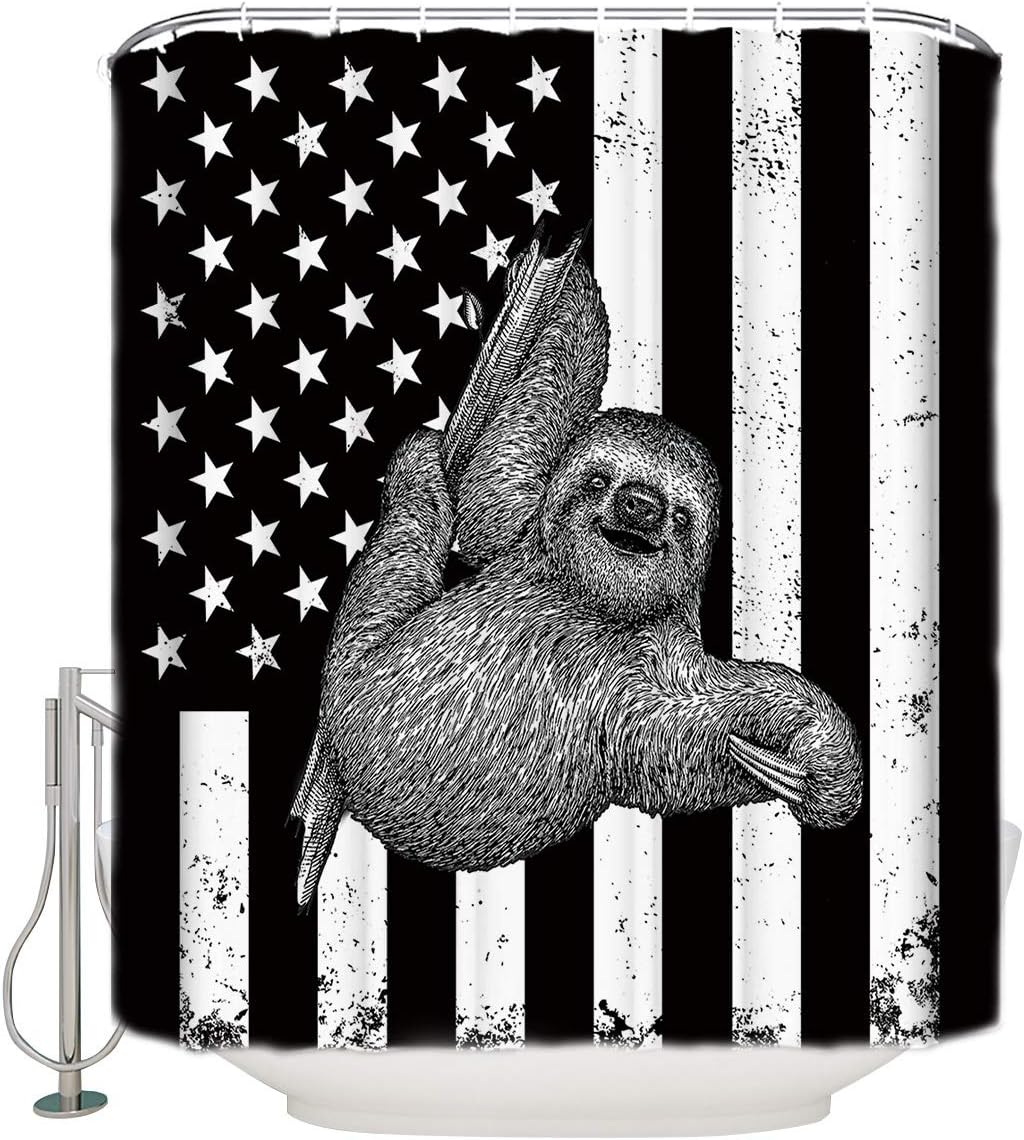 Black and White American Flag Sloth Shower Curtain for Patriotic Bathroom Decor