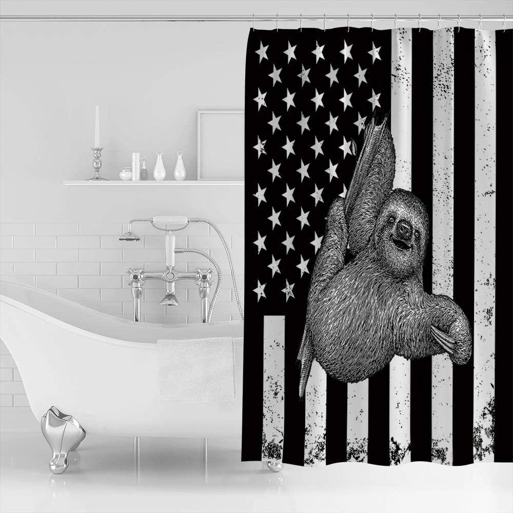 Black and White American Flag Sloth Shower Curtain for Patriotic Bathroom Decor