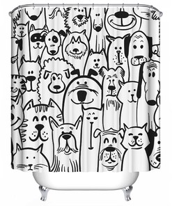 Black and White Animal Cartoon Art Shower Curtain for Pet Dogs and Cats Lovers