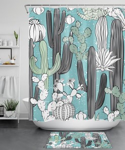 Black and White Bathroom Shower Curtain Kit Decoration with Tropical Plant Flower Cactus 
