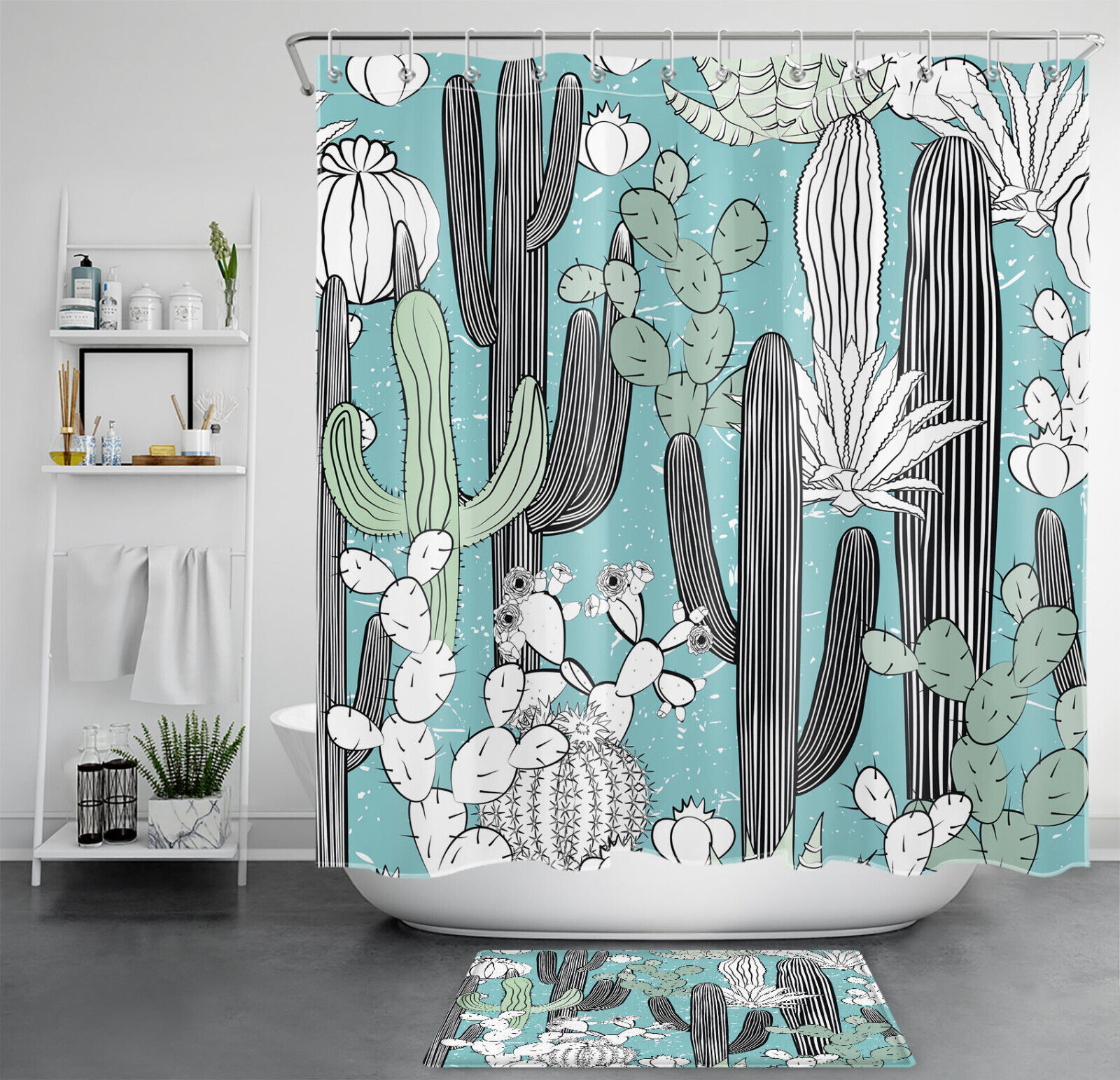 Black and White Bathroom Shower Curtain Kit Decoration with Tropical Plant Flower Cactus