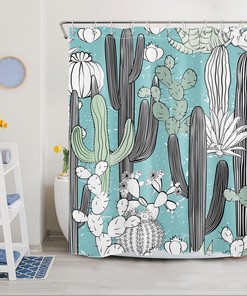 Black and White Bathroom Shower Curtain Kit Decoration with Tropical Plant Flower Cactus
