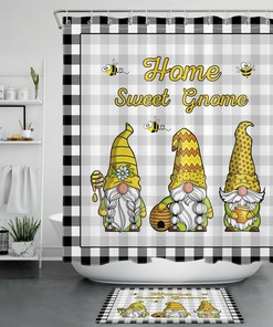 Black and White Checkered Plaid Shower Curtain with Bee and Gnome for a Sweet Country Touch
