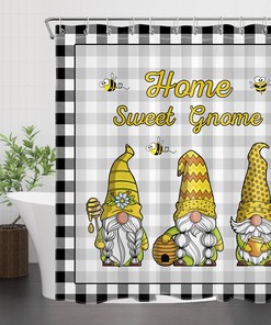 Black and White Checkered Plaid Shower Curtain with Bee and Gnome for a Sweet Country Touch