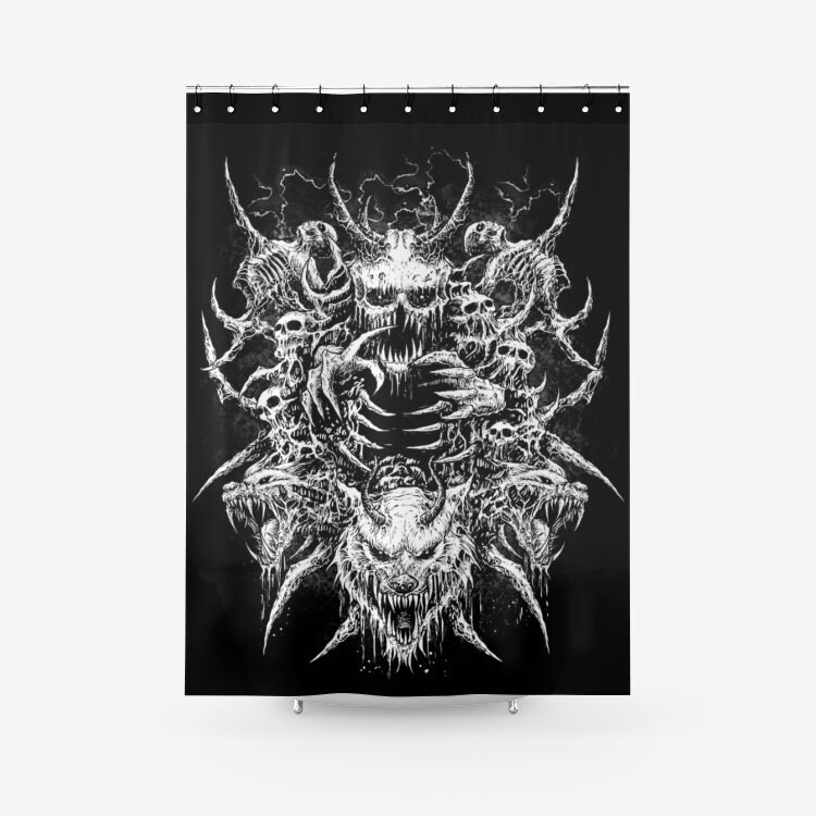 Black and White Demon Skull Wolf Fabric Shower Curtain - Gothic Skull Bathroom Decor