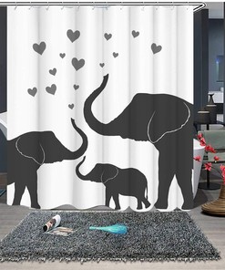 Black and White Elephant Family Shower Curtain for Wild Animal-Themed Bathroom Decor