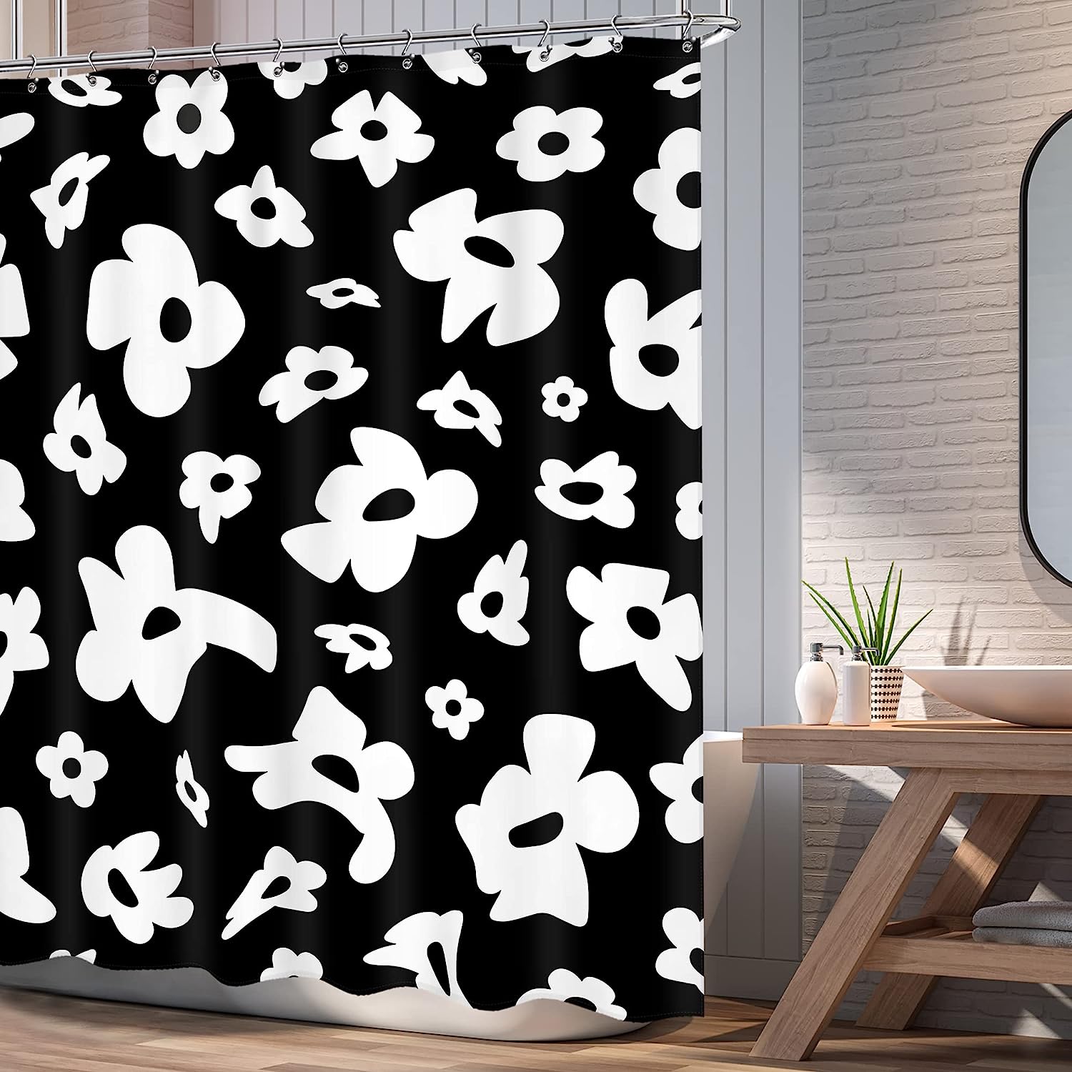 Black and White Flower Floral Art Shower Curtain for a Modern Bathroom