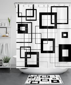 Black and White Geometric Pattern Print Shower Curtain for Modern Bathroom Decor