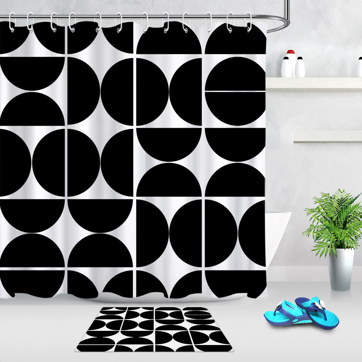 Black and White Geometric Patterns Fabric Shower Curtain - Modern Bathroom Decor