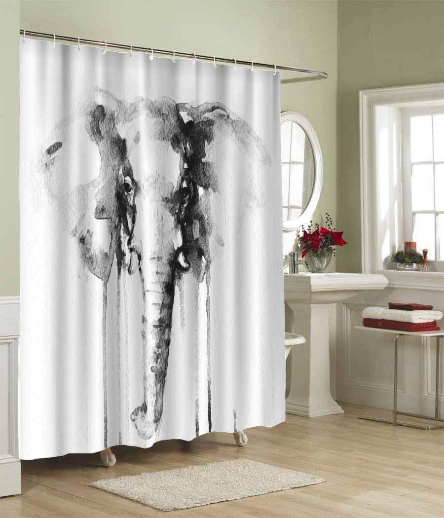 Black and White Ink Painting Elephant Shower Curtain Modern Art Bathroom Accessories Washable
