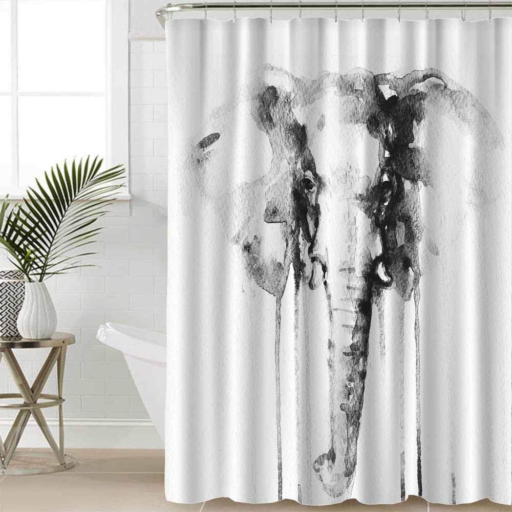 Black and White Ink Painting Elephant Shower Curtain Modern Art Bathroom Accessories Washable