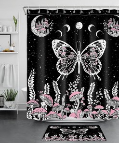 Black and White Moon Butterfly Mushroom Fabric Shower Curtain: Elegant Neutral Choice for any Bathroom