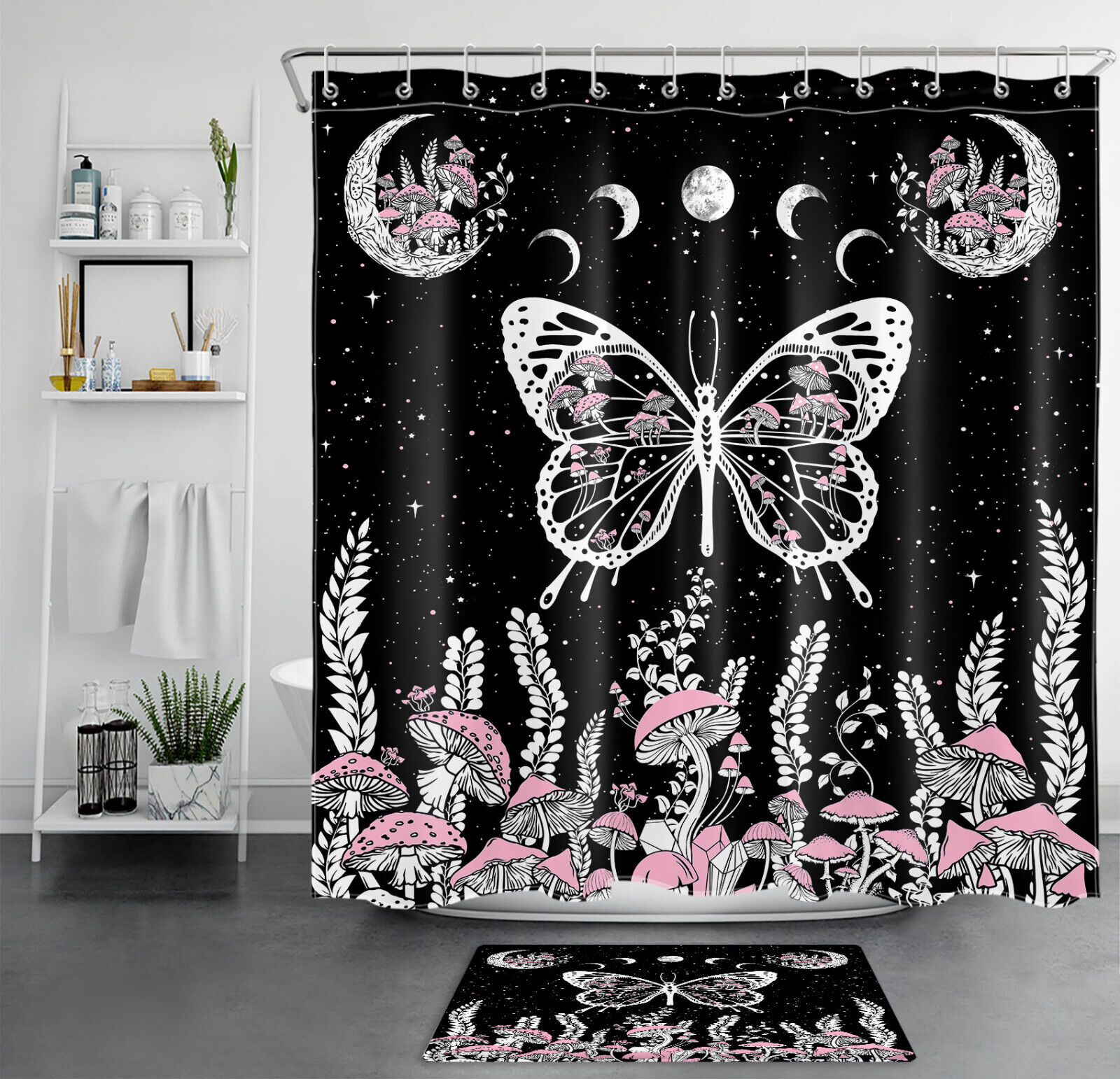Black and White Moon Butterfly Mushroom Fabric Shower Curtain: Elegant Neutral Choice for any Bathroom