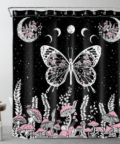 Black and White Moon Butterfly Mushroom Fabric Shower Curtain: Elegant Neutral Choice for any Bathroom