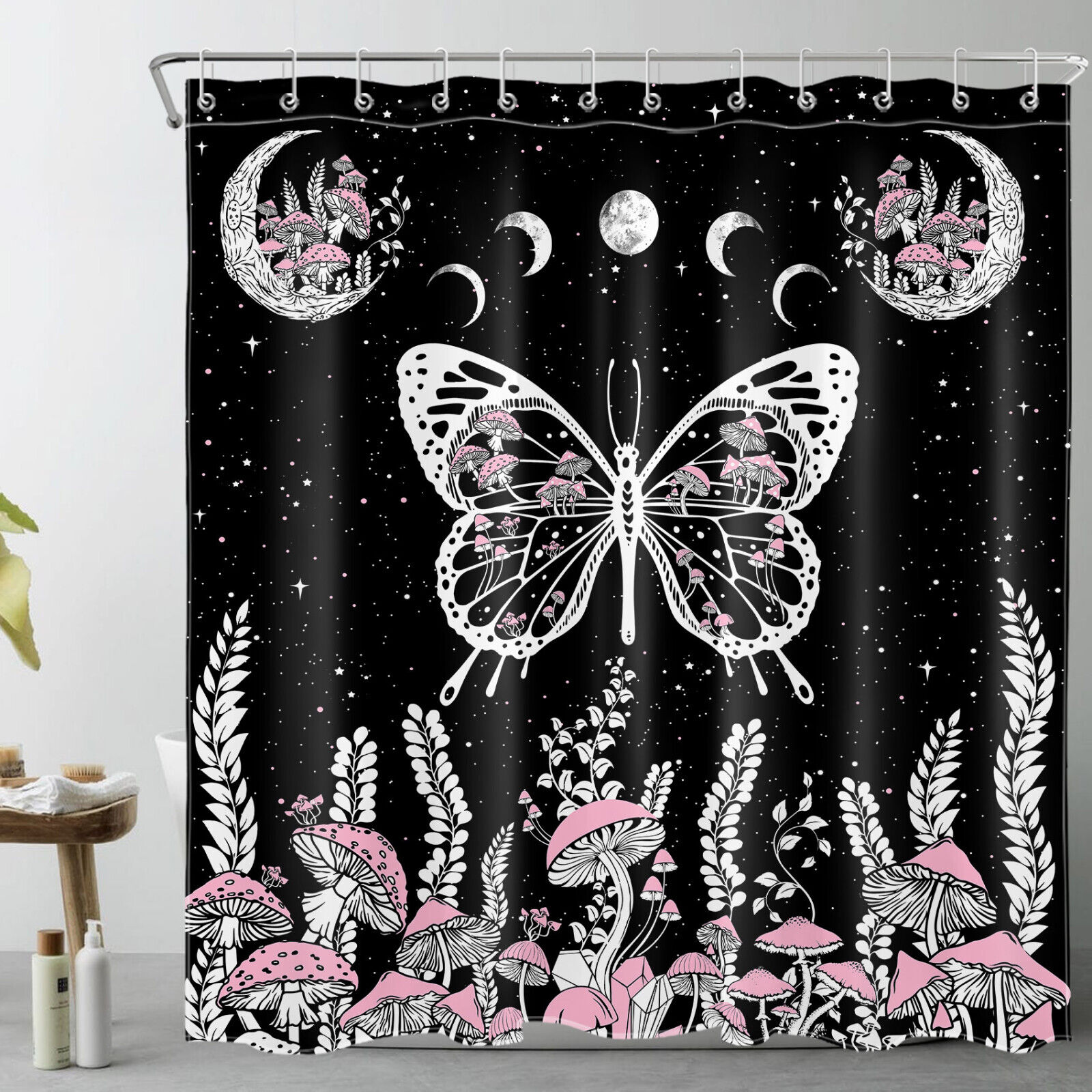 Black and White Moon Butterfly Mushroom Fabric Shower Curtain: Elegant Neutral Choice for any Bathroom
