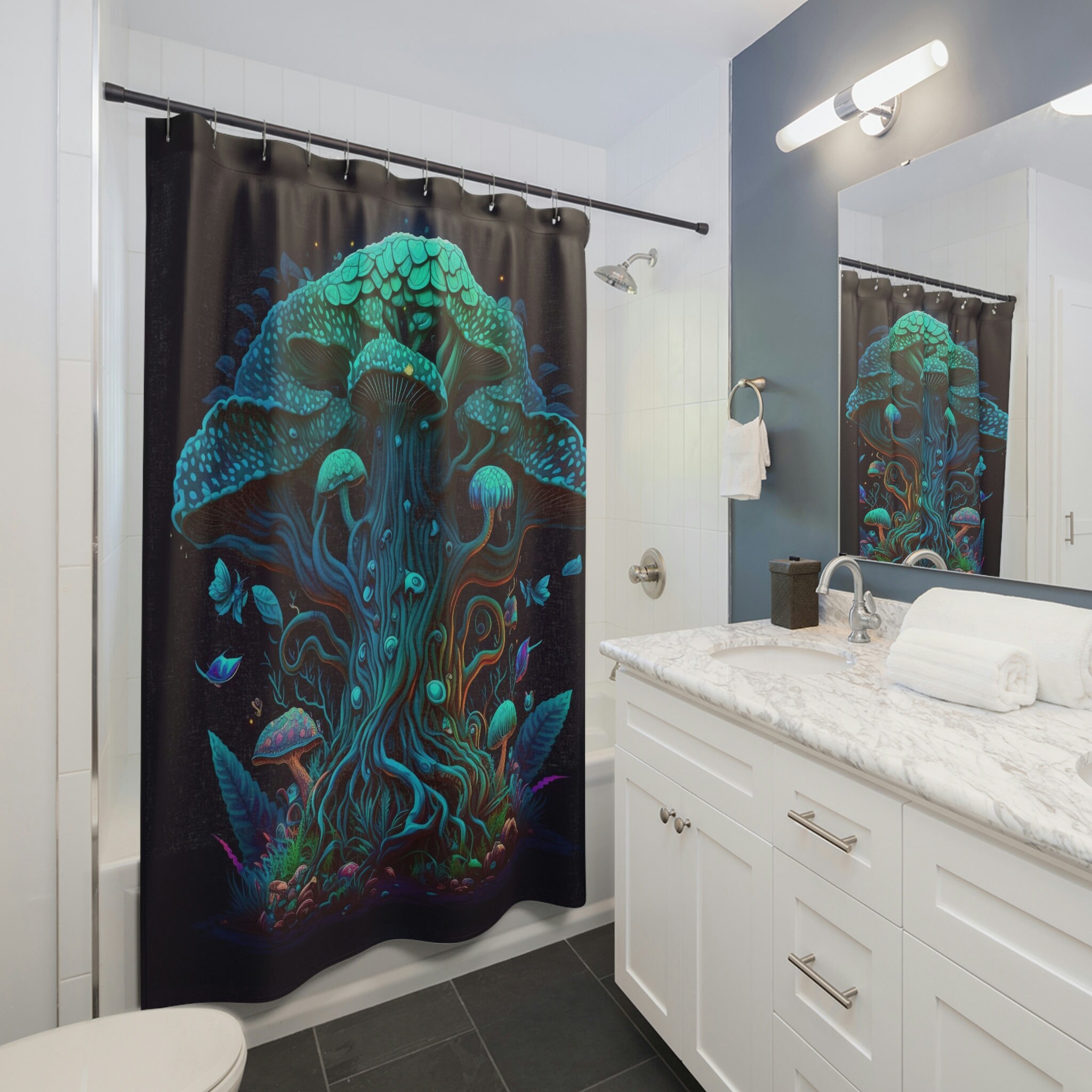 Black and White Mushroom Print Shower Curtain - Simple and Stylish Bathroom Decor