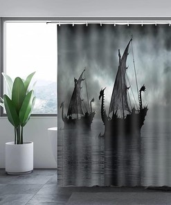 Black and White Norse Decor Vikings Ship Shower Curtain Liner, Fantasy Boat Art for Bathroom/Washroom Waterproof