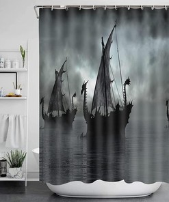 Black and White Norse Decor Vikings Ship Shower Curtain Liner, Fantasy Boat Art for Bathroom/Washroom Waterproof