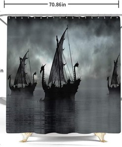 Black and White Norse Decor Vikings Ship Shower Curtain Liner, Fantasy Boat Art for Bathroom/Washroom Waterproof