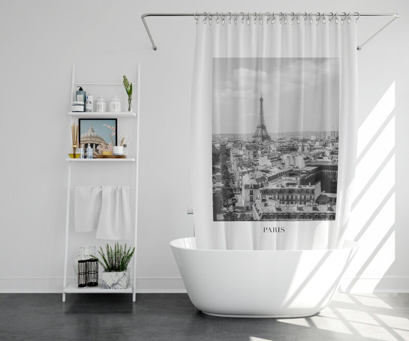 Black and White Paris Shower Curtain with Elegant Eiffel Tower Printing for Bathroom Decor