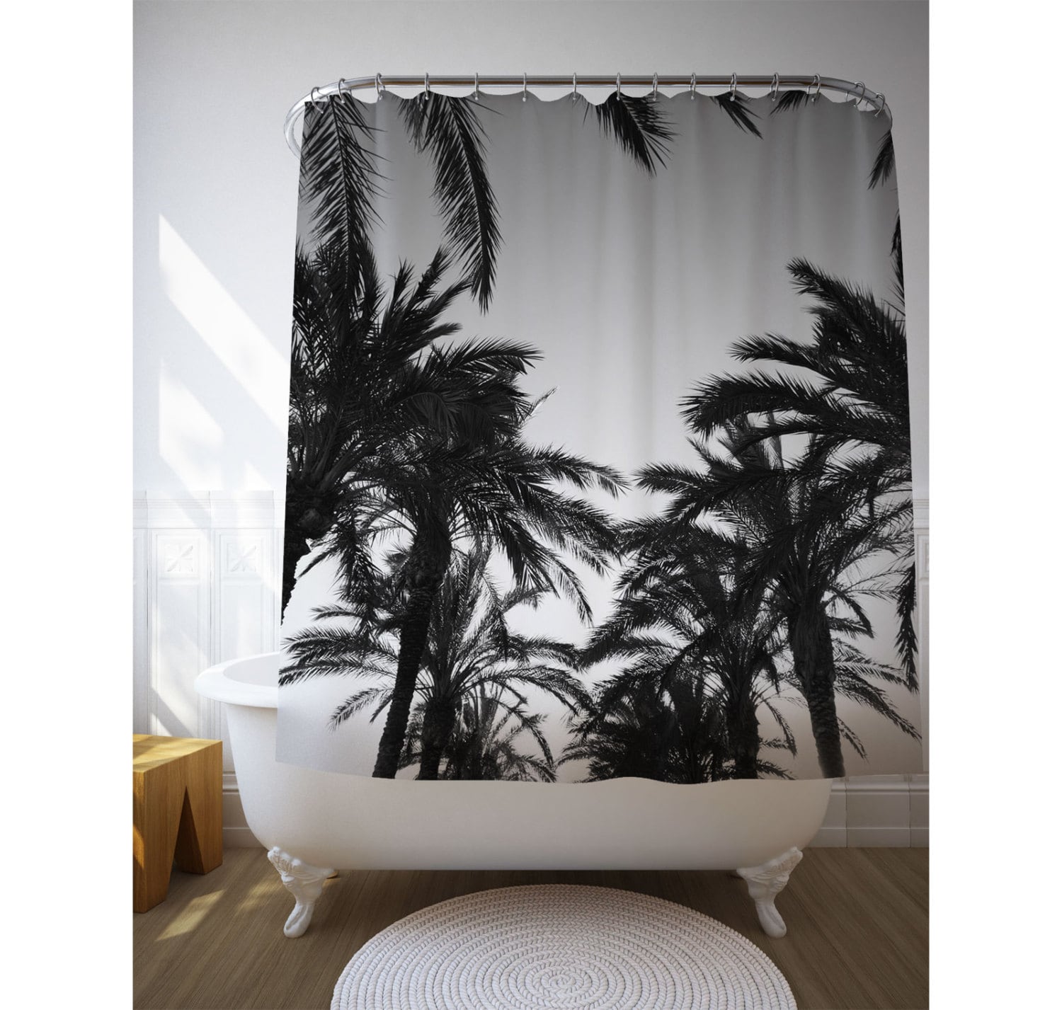Black and White Personalized Palm Trees Shower Curtain for Tropical Bathroom Art