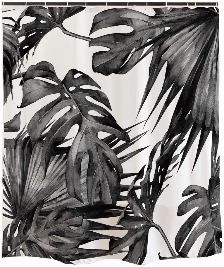 Black and White Simple Modern Frond Leaf Palm Jungle Rainforest Plant Shower Curtain Bathroom Accessories Washable
