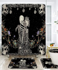 Black and White Skeleton Couple in Love Shower Curtain with Floral Kiss