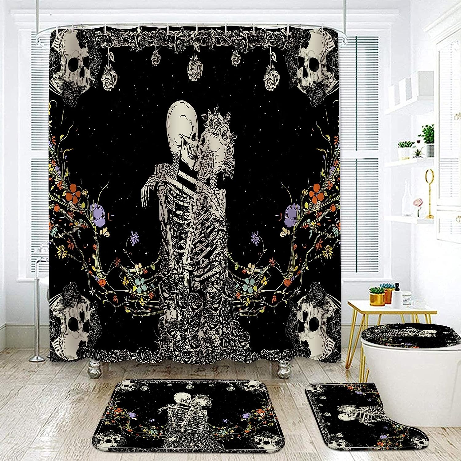 Black and White Skeleton Couple in Love Shower Curtain with Floral Kiss