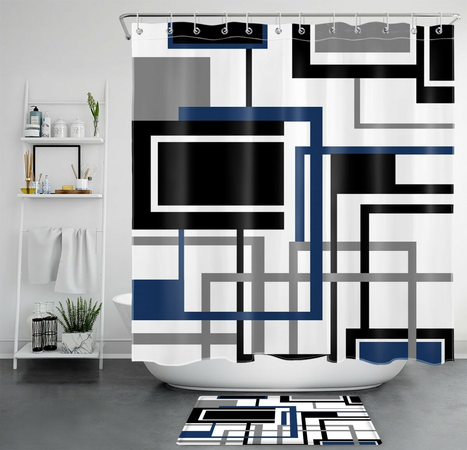 Black and White Stripe Geometric Pattern Shower Curtain, Modern Bathroom Decor