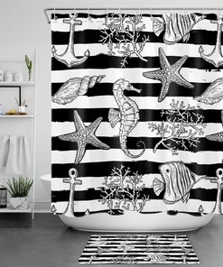 Black and White Striped Sea Animals Print Shower Curtain, Great Addition to Your Nautical Bathroom