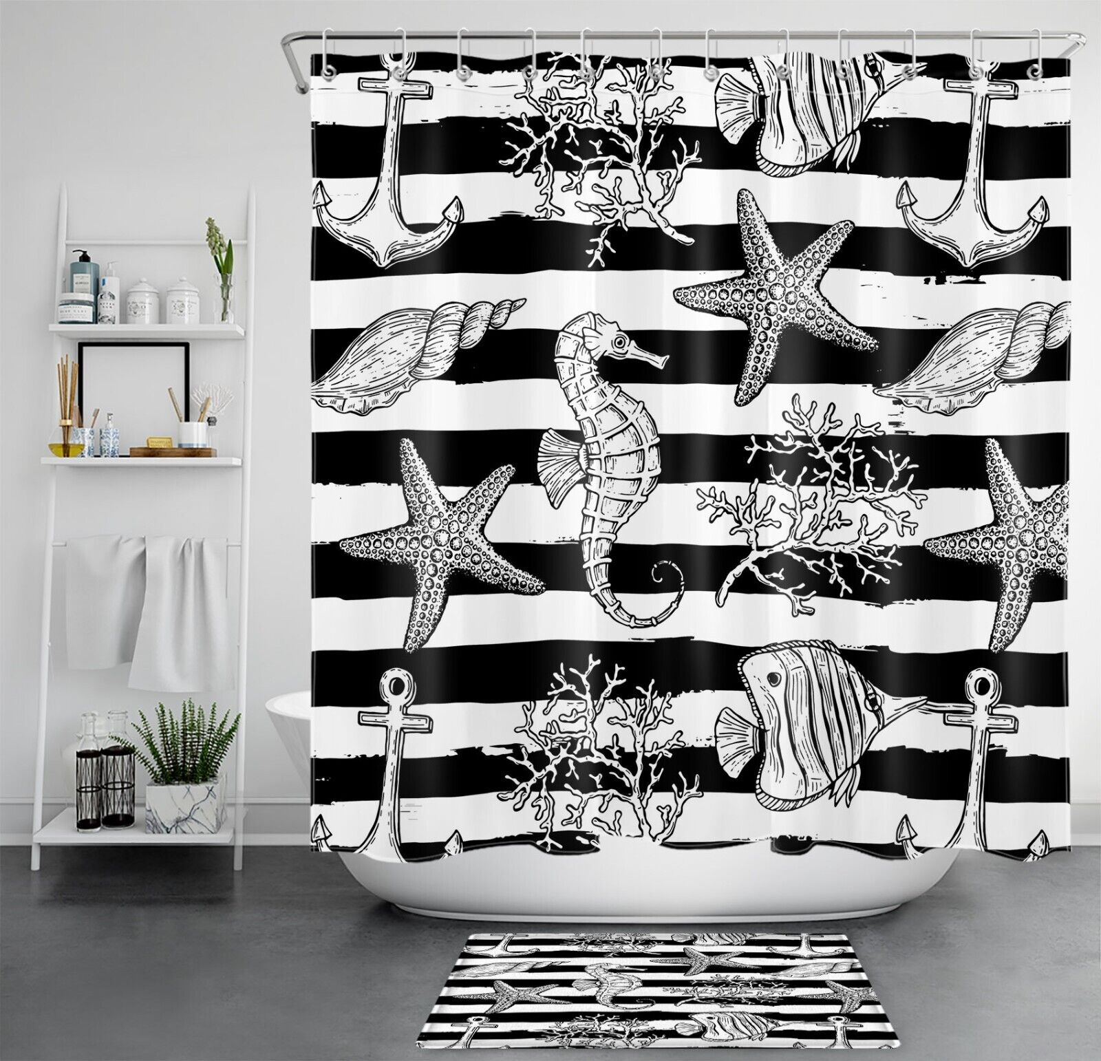 Black and White Striped Sea Animals Print Shower Curtain, Great Addition to Your Nautical Bathroom
