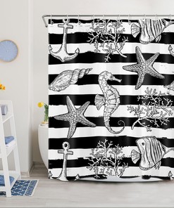 Black and White Striped Sea Animals Print Shower Curtain, Great Addition to Your Nautical Bathroom