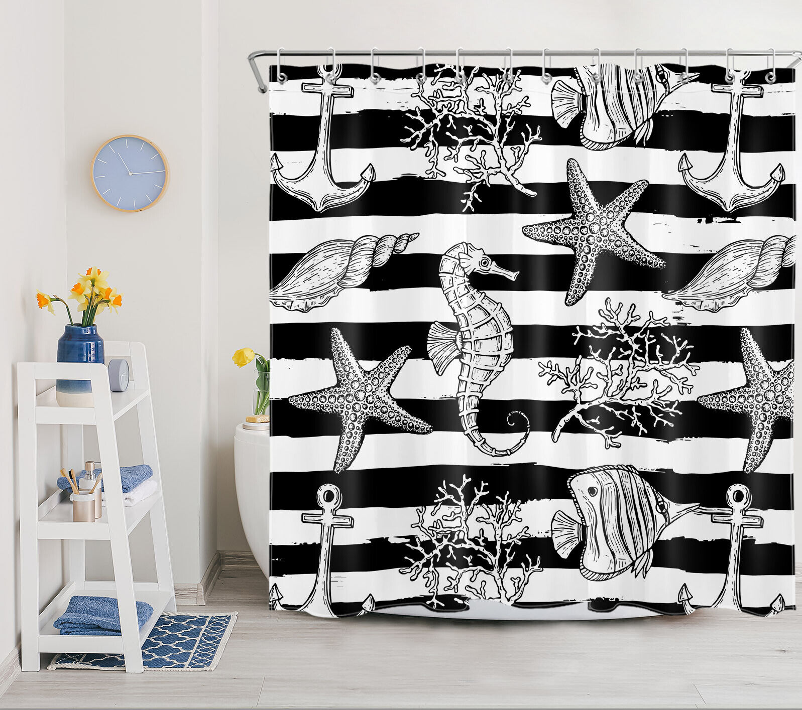 Black and White Striped Sea Animals Print Shower Curtain, Great Addition to Your Nautical Bathroom