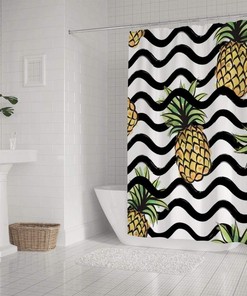 Black and White Striped Watercolor Pineapple Art Printed Shower Curtain for Tropical Bathroom Decor
