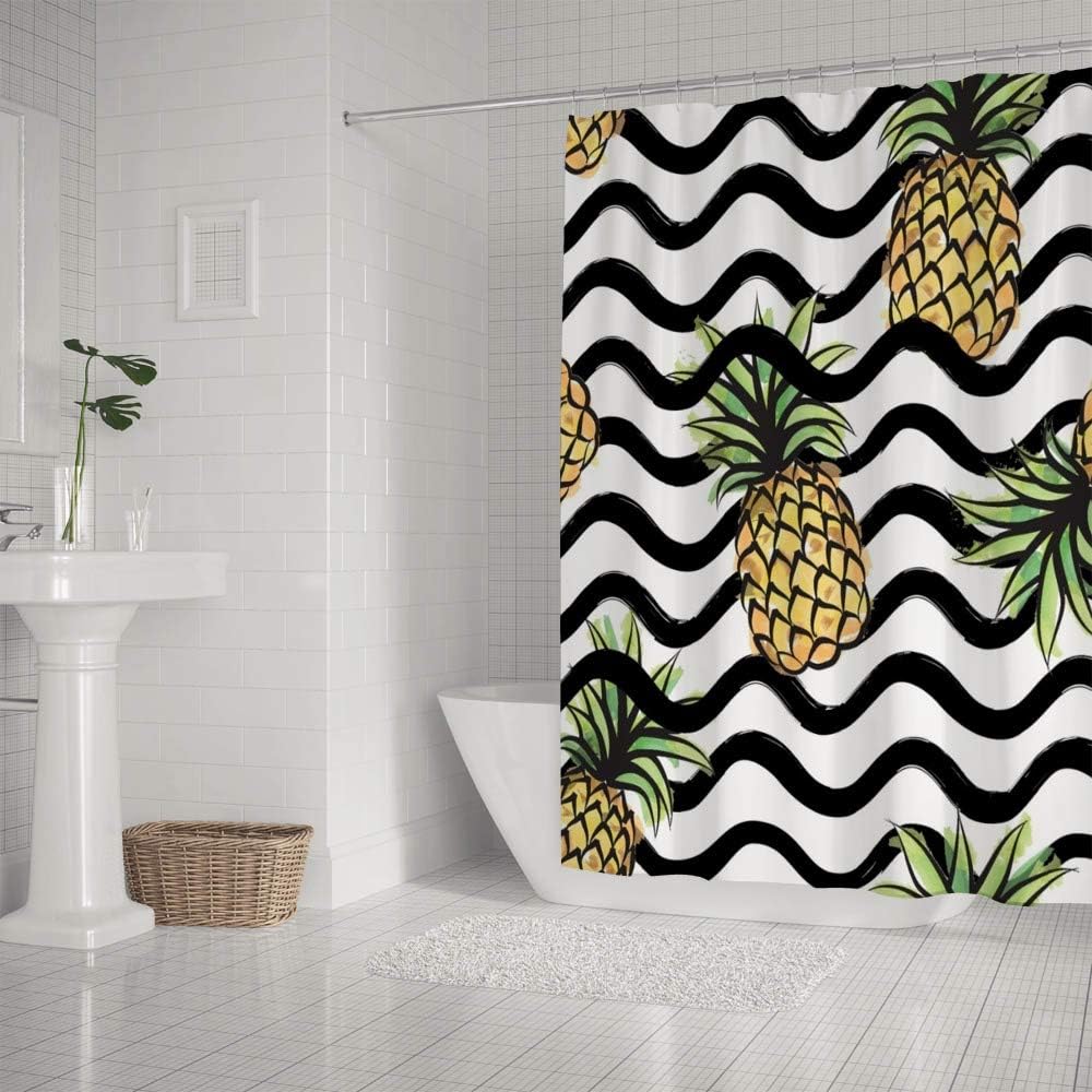 Black and White Striped Watercolor Pineapple Art Printed Shower Curtain for Tropical Bathroom Decor