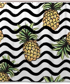 Black and White Striped Watercolor Pineapple Art Printed Shower Curtain for Tropical Bathroom Decor