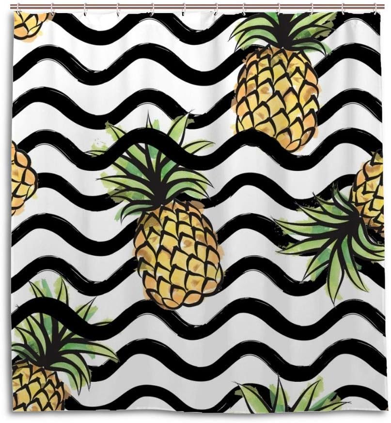 Black and White Striped Watercolor Pineapple Art Printed Shower Curtain for Tropical Bathroom Decor