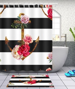 Black and White Stripes Anchor and Flowers Shower Curtain - Nautical Bathroom Decor
