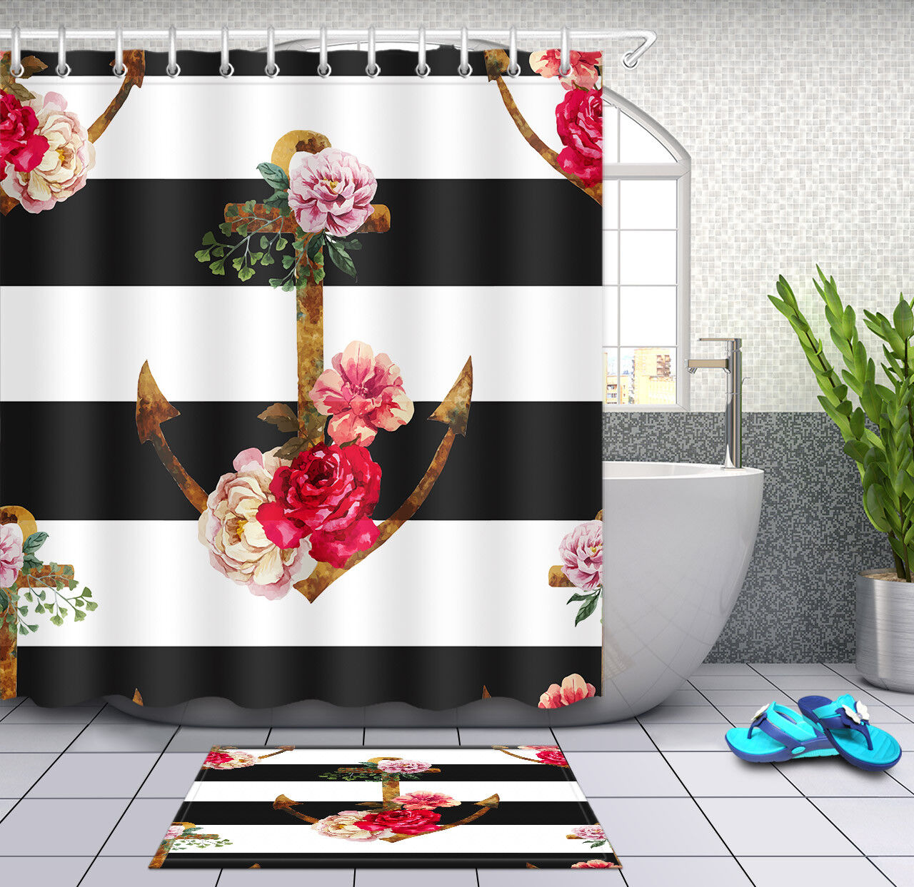 Black and White Stripes Anchor and Flowers Shower Curtain - Nautical Bathroom Decor