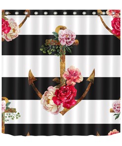 Black and White Stripes Anchor and Flowers Shower Curtain - Nautical Bathroom Decor