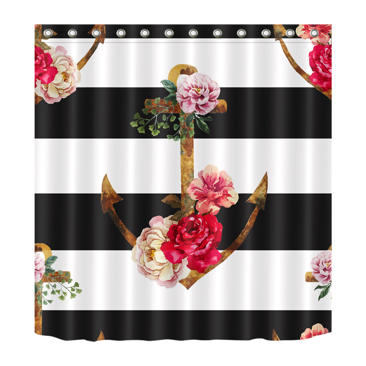 Black and White Stripes Anchor and Flowers Shower Curtain - Nautical Bathroom Decor
