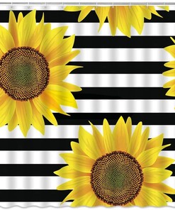 Black and White Sunflower Shower Curtain on Patterning Background with Metal Hooks for Bathroom Decor