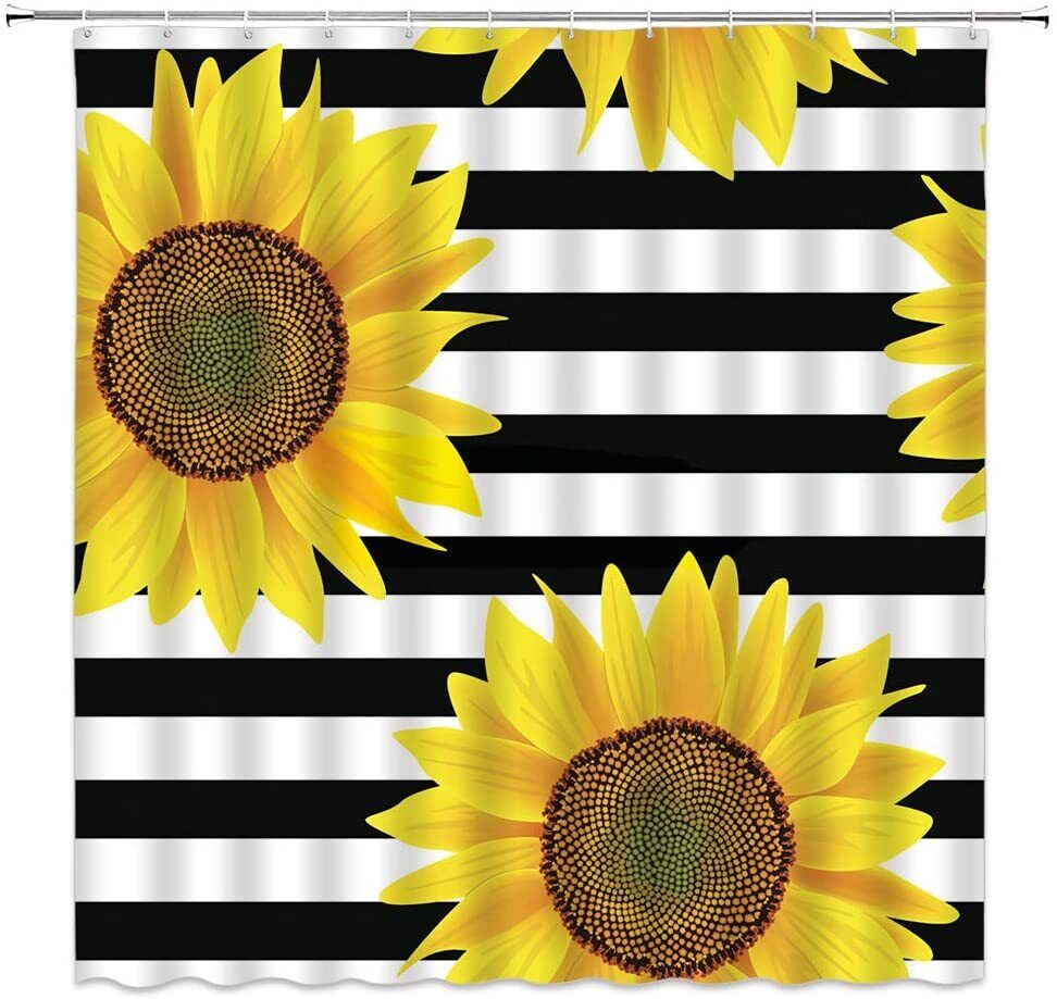 Black and White Sunflower Shower Curtain on Patterning Background with Metal Hooks for Bathroom Decor